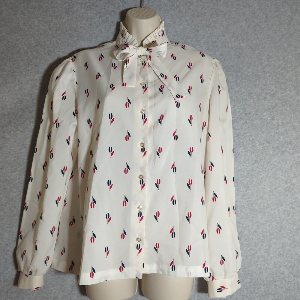 Vintage‎ Russ Togs Floral Tulip Print Bow Tie Blouse M Top Secretary Style Retro